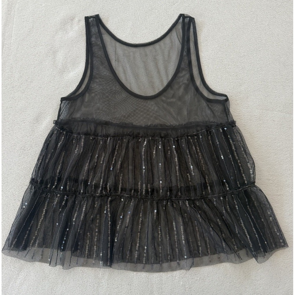 Black Sheer Mesh Sequin Tiered Babydoll Top Fairycore Coquette Whimsical Romance